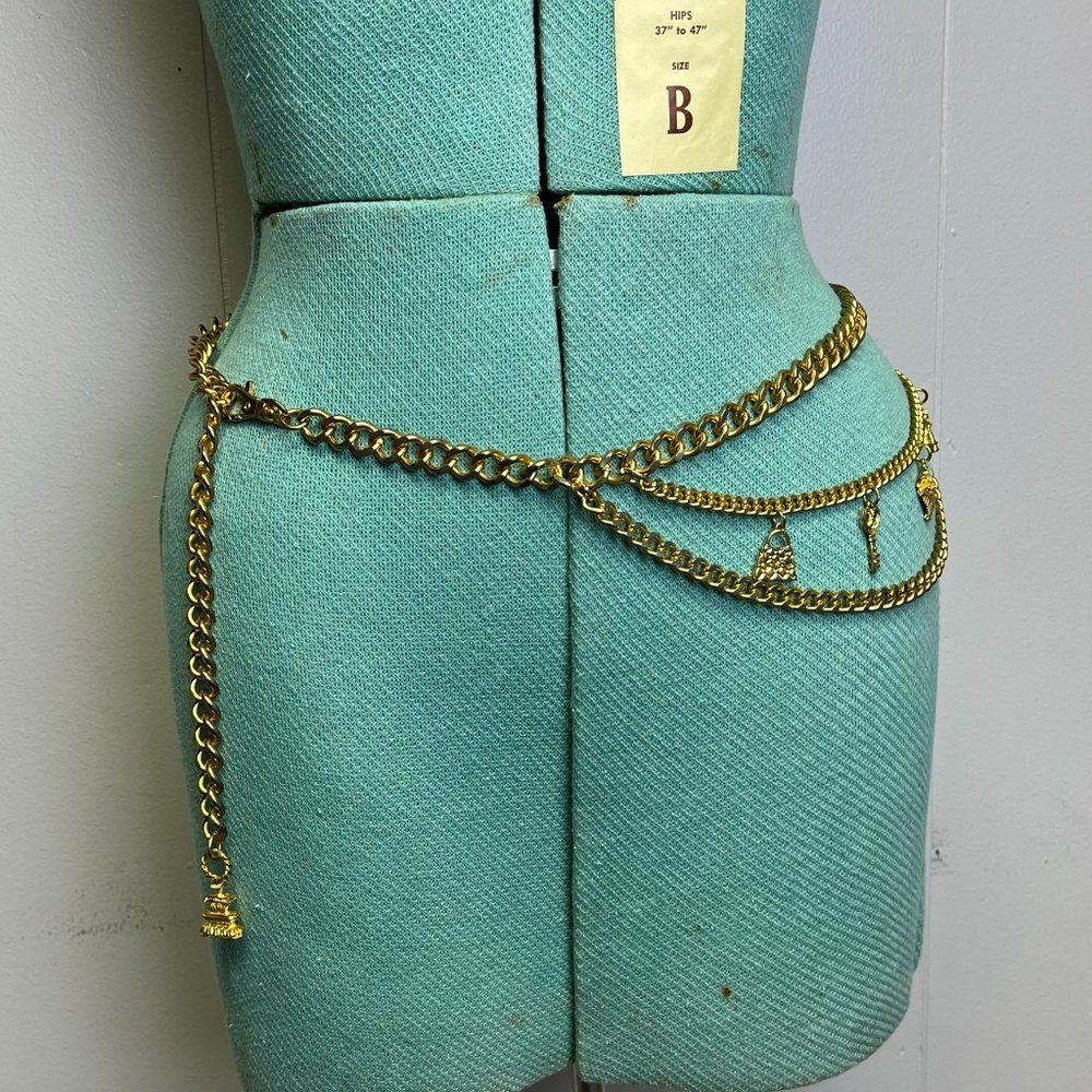 Vintage 80s Adjustable Gold Tone Metal Triple Chain Hip Belt Charms Belly Chain